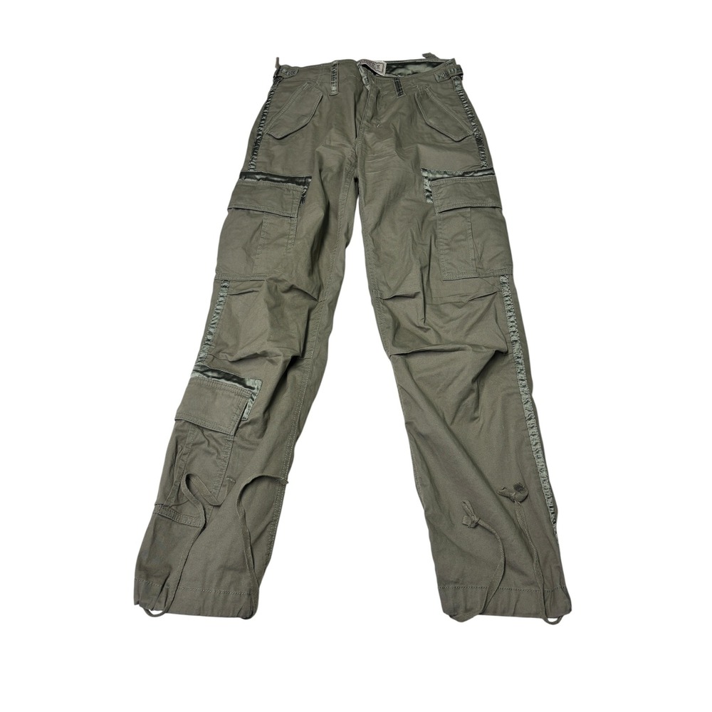 Y2k Abercrombie & Fitch Olive Green Cargo Pants Satin Trim Low Rise Size 27X28 - Picture 1 of 14